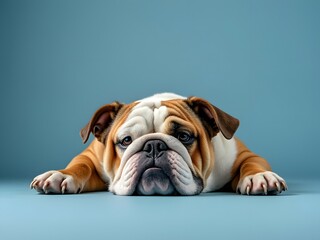 Bulldog lounging on a blue background, pet dog, dog breed