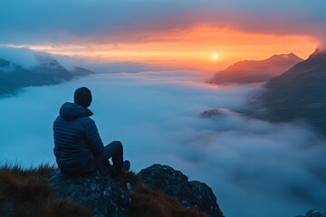 Obraz premium A person observing the mountains and the beautiful sunrise landscape