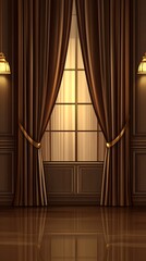Elegant Room Interior with Drawn Brown Curtains and a Tall Window Illuminating the Polished Floor