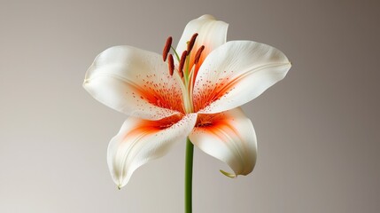 Obraz premium Exquisite Lily: A macro shot showcasing a stunning white and orange lily, petals delicately curved with intricate details and a sense of purity.