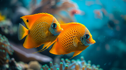 Obraz premium Two Vibrant Orange Tropical Fish Swimming Underwater Ocean Reef Scene Beautiful Aquatic Wildlife Nature Photography Vivid Colors 