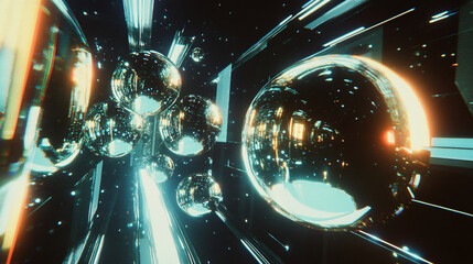 Retro futuristic spaceship fleet 1980s sci-fi aesthetic vintage digital art neon glow metallic ufo classic space travel cinematic scene science fiction visionary concept surreal cosmic adventure alien