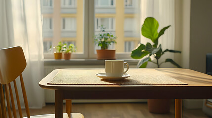 Wooden Table with Coffee Cup Plants and Natural Light Streaming Through Window in a Cozy Interior