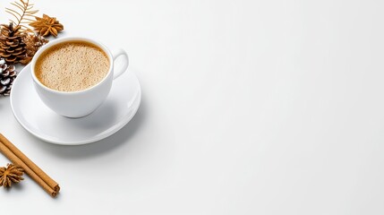 Morning Brew and Festive Accents: A cup of freshly brewed coffee, adorned with holiday elements like pinecones and cinnamon sticks. The setting promises a sensory experience.