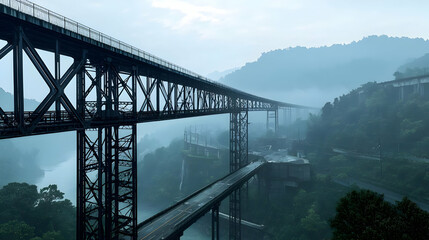 Obraz premium Elevated Steel Bridge Spanning Lush Green Valley under Overcast Skies with Highway Traffic