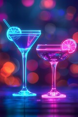 Neon cocktail glasses with colorful bokeh background. Nightclub party concept. Glowing martini and margarita drinks for bar menu design and New Year celebration