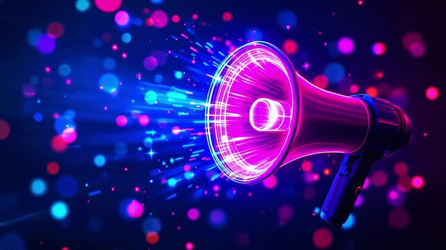 Vibrant megaphone emitting colorful sound waves in a dynamic digital background of lights and patterns