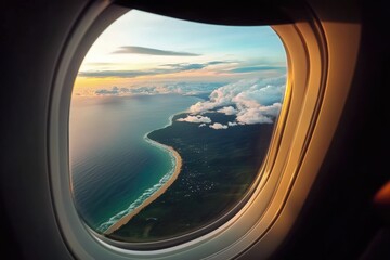 Window view from an airplane: breathtaking vista, expansive sky, winged perspective, distant landscape, cloudscape, horizon stretch, aerial sight, panoramic beauty, serene journey, open skies.