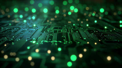 a green, glowing circuit board background with bokeh lights for a technology and digital concept design.