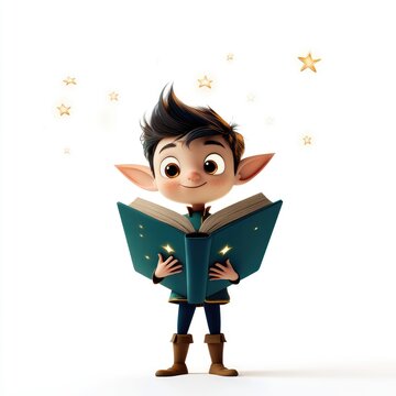 Animated Elf Reading Book, Fantasy Illustration, White Background