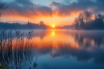 Vibrant sunrise over a calm lake with trees and reeds present