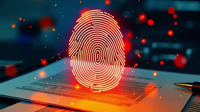 Digital fingerprint overlay on a document with blurred background elements suggesting security themes