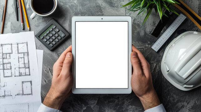 Close-up of a businessman holding a tablet with an empty white screen. Mockup of a tablet for the presentation of a construction company's website. On the table there are drawings