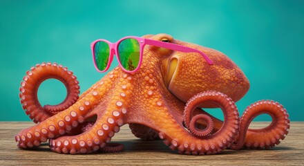 A colorful octopus sporting stylish pink sunglasses captures a playful spirit against a bright, cheerful background, perfect for aquatic themes and seasonal fun.