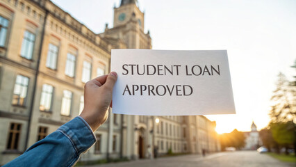 Tuition budget, Hand holding a student loan approval notice outdoors. ,education scholarship fees.