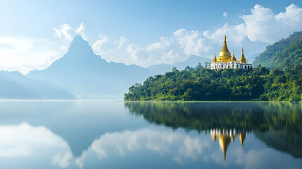 Naklejka premium Golden Temple Reflecting on Calm Lake in Myanmar Mountains