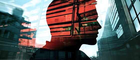 A surreal digital artwork depicting a man s head superimposed with reflections of a sale sign and geometric railings