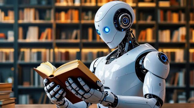 A humanoid robot reading a book in a library filled with shelves of books, showcasing technology and knowledge
