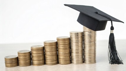 Tuition budget, Graduation cap on coins representing financial success and education. ,education scholarship fees.