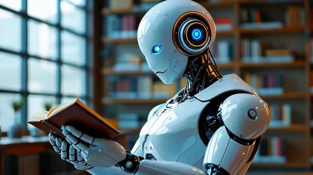 A humanoid robot reading a book in a modern library filled with books and soft lighting