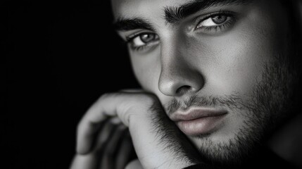 Close-up portrait of a young man with short dark hair and a beard in black and white