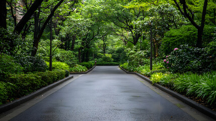 Obraz premium Stone Pathway Leads Through Lush Green Garden Under Rainy Weather With Green Trees and Foliage