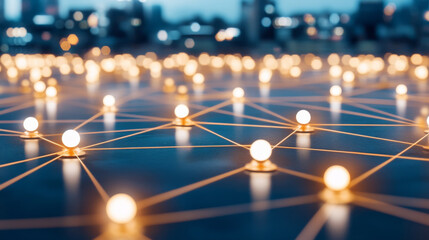 Naklejka premium network of glowing lights connected by lines creates vibrant, futuristic cityscape backdrop, evoking sense of connectivity and innovation