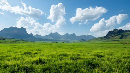 Fototapeta premium Lush Green Field With Rolling Hills And Rocky Mountains Underneath Blue Sky With White Clouds During Daytime