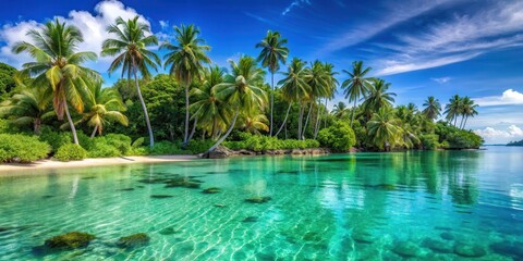 Obraz premium Serene tropical paradise with swaying palm trees and crystal-clear turquoise waters lapping against the shore in a picturesque bay amidst lush greenery , natural beauty, tropical island