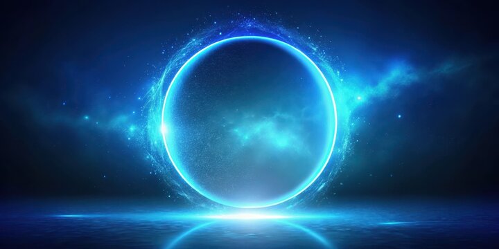 A vibrant blue circle with a delicate shadow, floating in space against a dark blue gradient background, evoking a sense of celestial movement and cosmic energy , misty darkness, dynamic effect