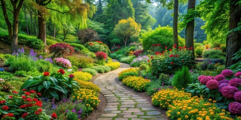 Obraz premium A winding stone path meanders through a lush garden filled with vibrant flowers and dense greenery, surrounded by towering trees and vibrant foliage , flowers, natural beauty