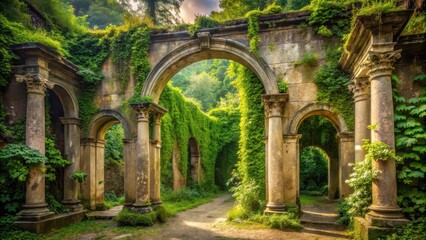 Fototapeta premium Ancient Italian ruin covered in lush green vines and moss, with a partially restored stone archway and faded Roman columns