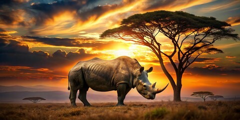 Fototapeta premium Double Exposure: Hook-Lipped Rhino & African Savanna Sunset