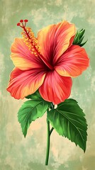 Exquisite Hibiscus Flower Blossom with Vibrant Petals and Prominent Stamens in Artistic Illustration
