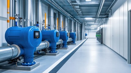 Industrial Pumping Station Interior with Blue Pumps and Modern Infrastructure in a Bright Environment