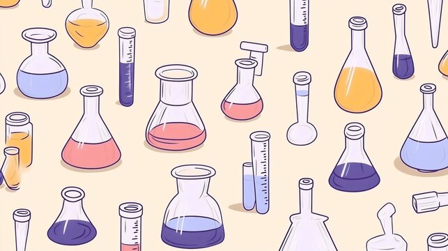 Lab equipment like beakers flasks burettes illustrated in a clean modern style