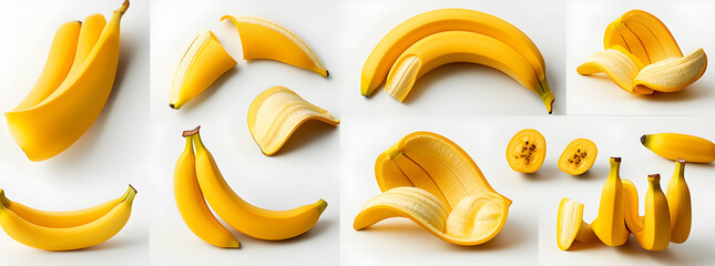 Various Fresh Ripe Bananas Curved Sliced and Whole in Bright Clean Studio Lighting for a Healthy Snack or Meal prep.  Featuring Freshness and Nutritious Quality of the Fruits.