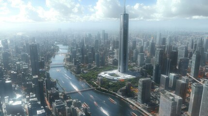 Futuristic cityscape, aerial view of modern metropolis with high-rise buildings, river, and park