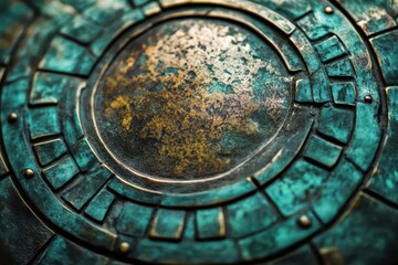 Obraz premium ancient brass shield surface with intricate patina patterns rich verdigris textures emerging through weathered metallic surface macro photography