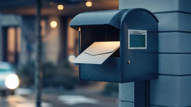 Mailbox with an envelope ready to be delivered in a quiet suburban neighborhood at dusk