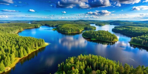 Aerial view of serene blue lakes surrounded by lush green forests on a sunny summer day in Finland's vast wilderness, fresh air, infinite horizon
