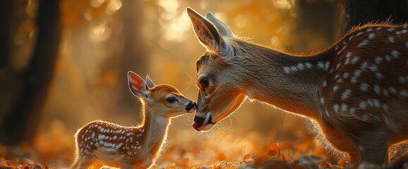 Obraz premium A doe and her fawn nuzzle in golden sunlight filtering through autumn leaves.