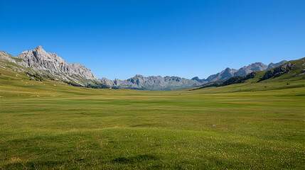 Green Meadow with White Flowers Under Clear Blue Sky and Rocky Mountains in the Background