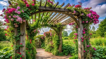 Obraz premium Ancient wooden trellis overgrown with vines and flowers, botanical, outdoor, botanical, outdoor, rustic
