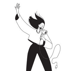 happy girl sings using a hair dryer as a microphone. Vector illustration
