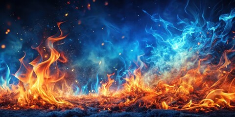 Fototapeta premium Fire engulfs landscape, orange flames and blue embers dance in wind , blue embers, wilderness