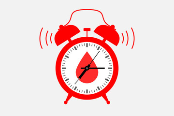 Ringing alarm clock with blood drop icon over clock face