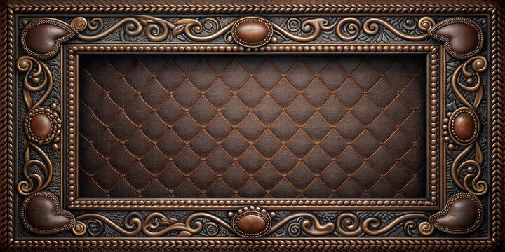 Dark leather frame with intricate stitch patterns and ornate hardware details