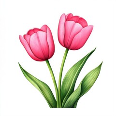Fototapeta premium Beautiful Pink Tulips with Green Leaves, Perfect for Spring Floral Decoration and Graphic Design Elements
