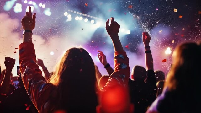 Cheering fans in stadium throwing confetti in the air, vibrant lights and celebratory atmosphere, focus on sports victory and community joy.